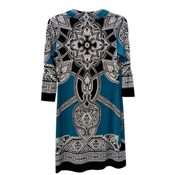 Intermission Dress Size 4 Turquoise Knit Dress Art Deco Print 3/4 Slv - Picture 3 of 4